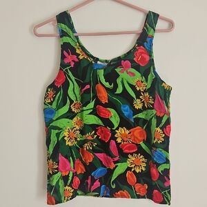 Floral Scoop Neck Tank Top - Black with Multicolor Floral Print